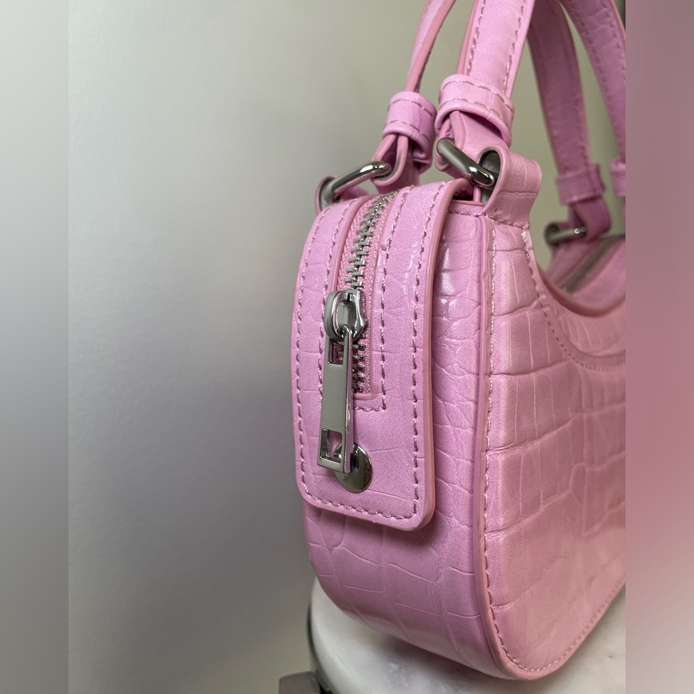 Zara Croc Embossed Top Handle Bag with Strap Pink Silver - Picture 3 of 16